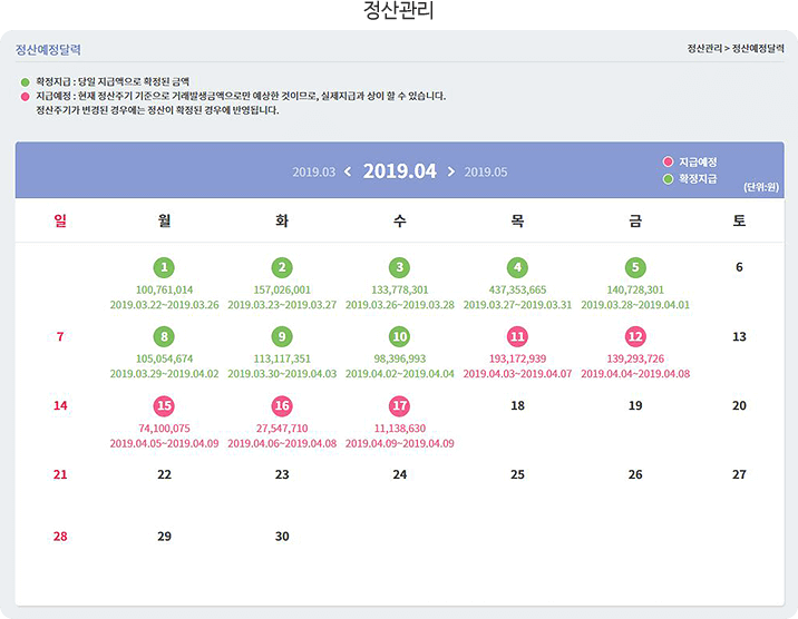 정산관리 화면 예시